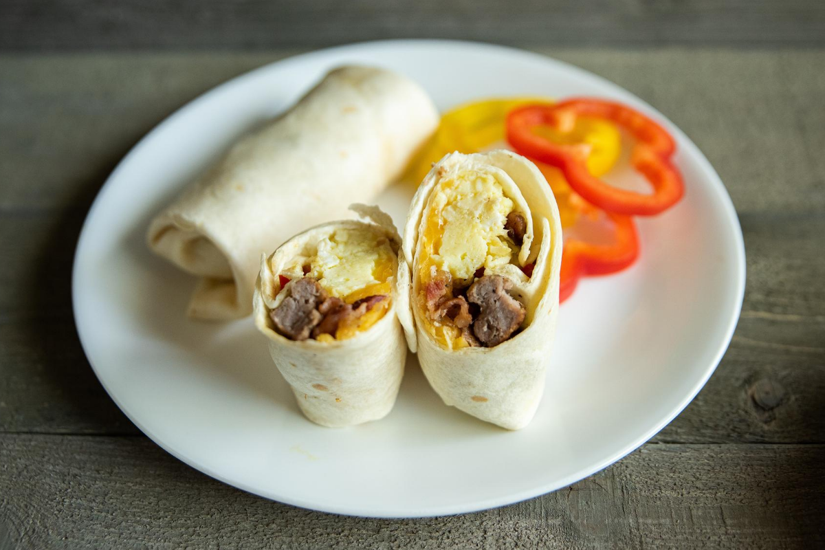 Breakfast Burrito stuffed with eggs, bacon, and sausage