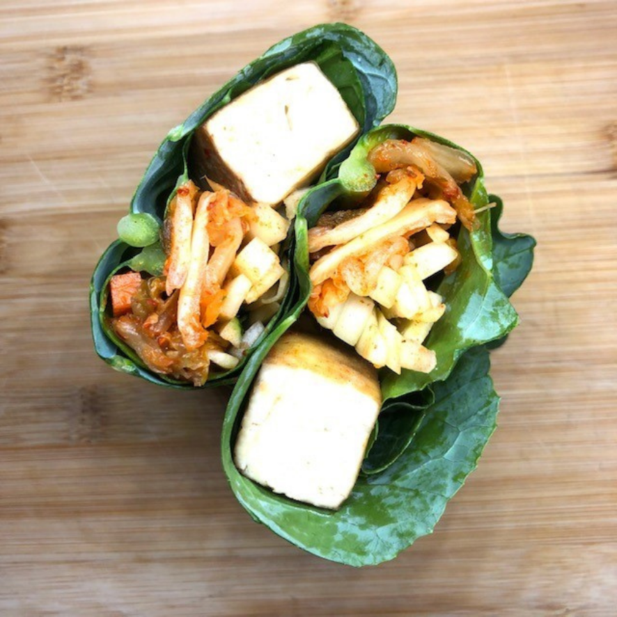 Collard Green Wraps with Tofu and Kimchi